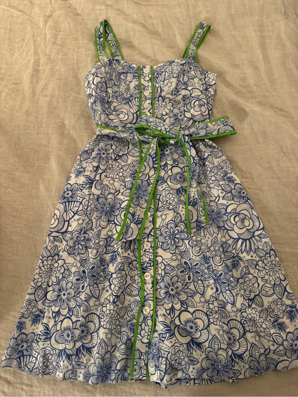 Vintage Lilly Pulitzer Blue & White Floral Tie-Waist Sundress with Green Trim